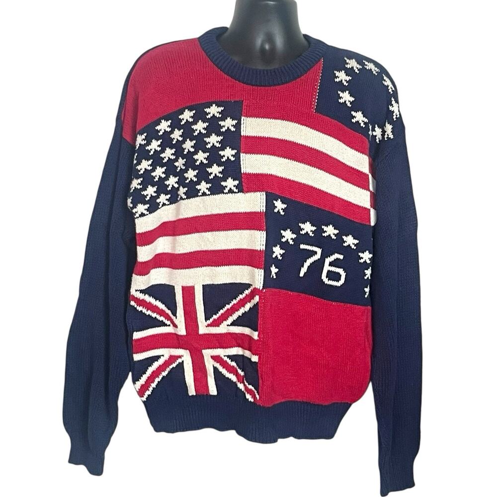Cambridge Classics Men L Sweater Vtg 90s Americana Patriotic Flag Grandpacore